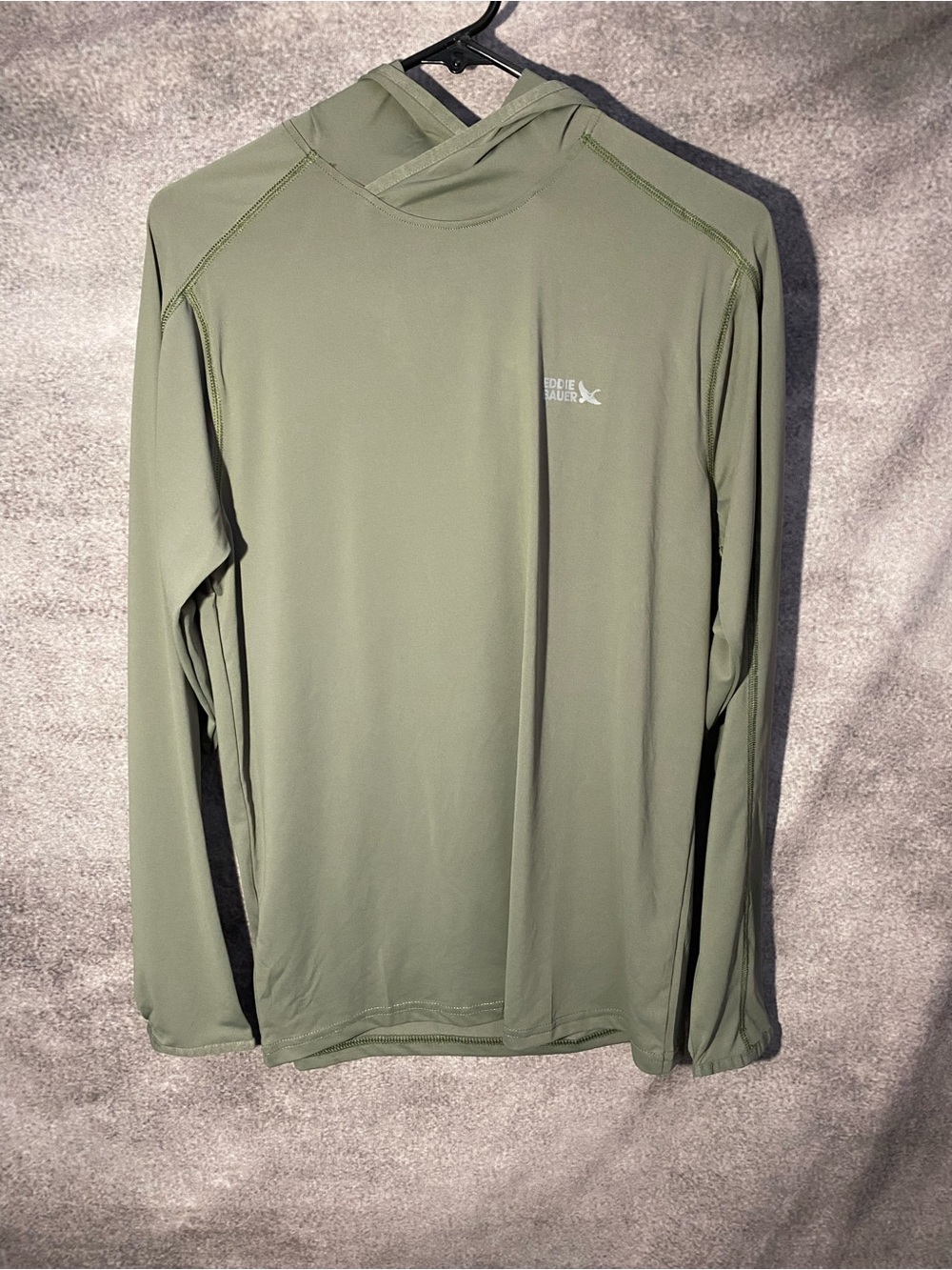 Eddie Bauer Solarfoil Hoodie Small Mens Olive Green Sun Protection Shirt UPF 50+
